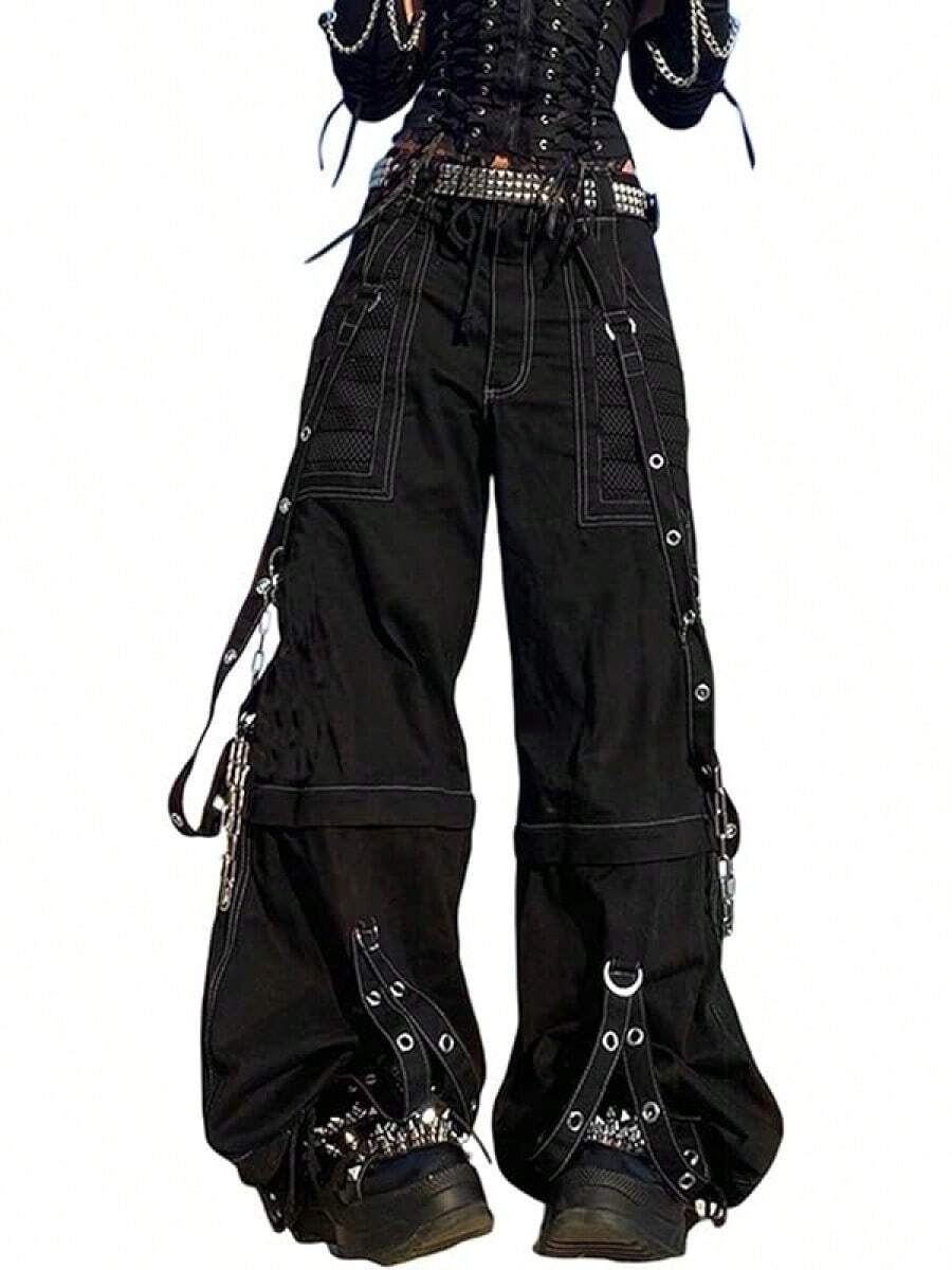 Women Vintage Goth Hop Jeans Punk High Waisted Baggy Bootcut Jeans Strap Chain Striped Wide Leg Pants - 黑色 - 查看 1