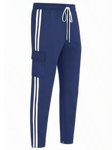 Mens Navy And White Side Stripe Cargo Track Pants Elastic Waist With Drawstring Ankle Zipper Streetwear ACtivewear Gym And Fitness Casual Pants  Regular Fit    Weekend Casual  Night Out  Sports  Daily - 海軍白 - 查看 2
