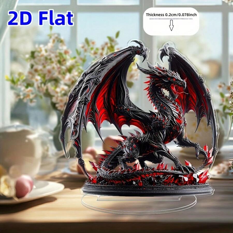 2D 亚克力哥特式龙雕像带支架，适合装饰桌面、卧室、办公室、餐厅、酒吧、浴室、客厅和厨房，是完美的节日礼物 - 彩色 - 查看 1