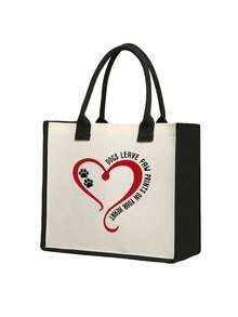 1套多功能手提包，印有爱心小狗爪印，方形帆布，方形购物袋，配黑白拼布袋和黑卡其拼布袋，便携、轻便可折叠收纳袋，简约包包，护士包、医生包、教师节收纳袋，适合婚礼、生日、海滩和节假日，亚麻手提包，礼品袋，适合送给妈妈的礼物，个人旅行化妆品，购物袋