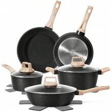 12 Pcs Pots And Pans Set Nonstick,  Induction Kitchen Cookware Sets, Non Stick White Cooking Set With Frying Pans Set & Saucepan, PFOA PFOS APEO Free,Heat-Resistant Cooking Pot, Suitable For Stove And Gas Stove, Suitable For All Seasons Home - 黑色 - 查看 1