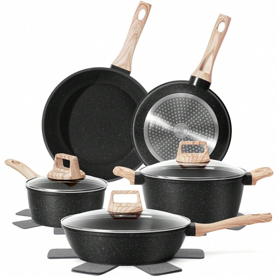 12 Pcs Pots And Pans Set Nonstick,  Induction Kitchen Cookware Sets, Non Stick White Cooking Set With Frying Pans Set & Saucepan, PFOA PFOS APEO Free,Heat-Resistant Cooking Pot, Suitable For Stove And Gas Stove, Suitable For All Seasons Home - 黑色 - 查看 1