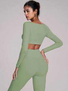 FWH 短款长袖上衣 + 褶皱短裤，第二层肌肤裸感收腹提臀塑身短裤，裸感面料，适合普拉提/健身提臀短裤，深蹲防摔，适合瑜伽/舞蹈露背瑜伽套装 - 綠色 - 查看 4