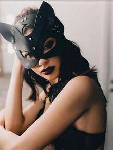 Máscara de gato de cuero para mujer, máscara de cuero para mujer, accesorios de vestimenta de cuero para mujer, disfraces de Halloween, accesorios sexy y de disfraz para mujer - Negro - Ver 6