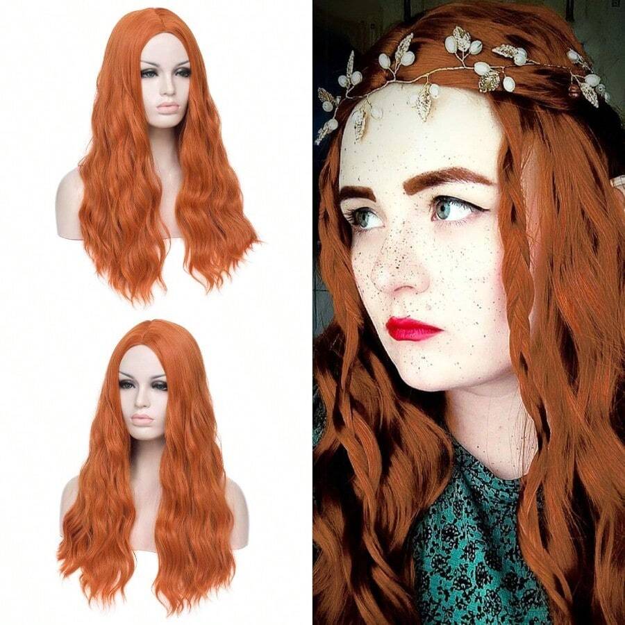 M24" Long Orange Curly Wavy Wig For Women Heat Resistant Fiber Wigs Halloween Cosplay Daily Party+Cap Orange 6001 - 橘色 - 查看 1