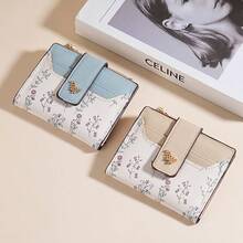 叶子金属纽扣双折钱包简约时尚休闲日常使用礼物女士钱包钱包小钱包时尚PU皮革女士短款钱包，拉链扣小花零钱包，多卡位卡包女士，返校季，送给朋友的精美礼物