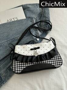 时尚新款拼色拼接蝴蝶结褶皱蕾丝装饰单肩包，流行百搭个性双色格纹女士手提包，适合逛街、钱包、购物、年轻女性、大学生、新人和白领人士。非常适合办公室、大学、工作、商务、通勤、户外活动、旅行和郊游 - 黑與白 - 查看 2