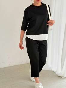 Conjunto de pijama de manga larga de unicolor y ajuste ceñido para mujer, ropa de otoño