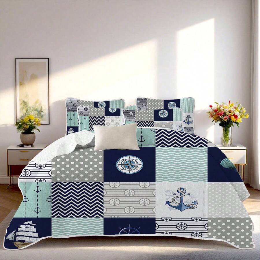 2/3 Pcs Stylish Purple Multi-Element Stitching Printed Quilt Set(1 Quilt + 2 Pillowcases), Easy To Clean And Machine Washable Summer Bedding Set, 100% Polyester Breathable Bedspread Set, Farmhouse Floral Summer Coverlet, All Seasons, Room Decor - Sailing Adventure - View 1