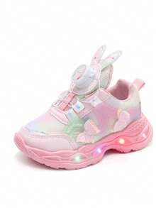 MGO Kidss Tênis infantis MGO primavera e outono, novos tênis com luzes LED, tênis infantis com estampa de borboleta e princesa, com fivela giratória fofa de orelha de coelho, calçados esportivos casuais para meninas de 1 a 6 anos