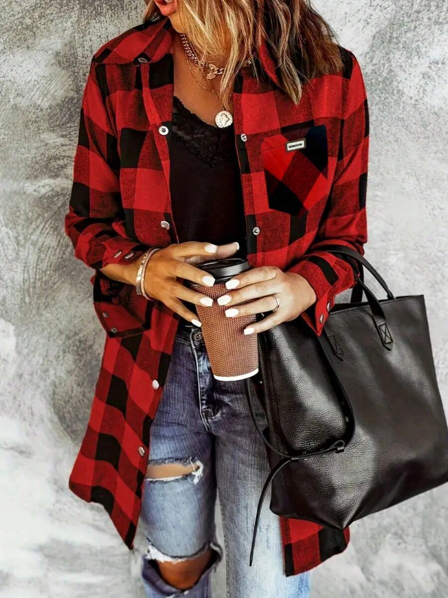 Franela para mujer Moda otoño 2024 Camisa de manga larga a cuadros con botones y bolsillos Blusa tipo chaqueta - Rojo - Ver 1