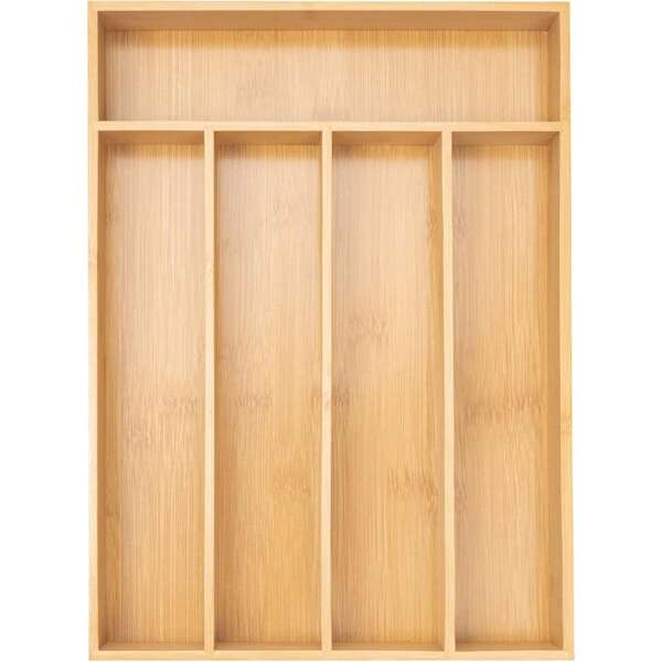 Organizador de cajón de cocina de bambú, bandeja para cubiertos y utensilios de 13 pulgadas, divisor de cajón extra profundo con ranuras, organizador de madera de bambú con 5 ranuras totales para vajilla, cubiertos, cuchillos, tenedores y cucharas