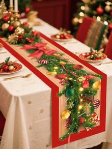 1pc Christmas Table Cover, 180x35cm Christmas Tree Branches Bow Design Polyester Table Runner For 6-8 Seater, Seasonal Winter Xmas Party Table Decoration, Christmas Decorations For Home 2025, Holiday Indoor Home Kitchen Decor
