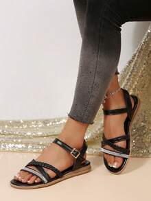 手工编织钻石带舒适女士平底凉鞋 - 黑色 - 查看 3