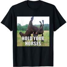 Funny Hold Your Horses T-Shirt For Men, Humor Meme Graphic Tees Gift, Round Neck Short Sleeved T Shirts Tops Men Clothing, Casual Tee Gift - 黑色 - 查看 1