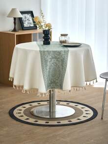 1pc French Luxury Minimalist Green Geometric Floral Jacquard Tablecloth With Tassel, Suitable For Home, Kitchen, Holiday Party, Birthday, Wedding, Everyday Decor - Multicolor - View 4