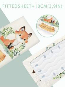 1 件定制 110g 涤纶单人床单，超可爱小狐狸床单，单件弹力绳全包裹，防滑易清洗，可定制您的名字数码印花，适合儿童和青少年 - 彩色 - 查看 2