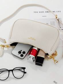 1 PC White Lychee-Patterned Crescent-Shaped Bag, Sophisticated Underarm Bag Women's Bags,Multifunctional And Large Capacity Fashionable And Casual Large Capacity Portable Zipper Shoulder Bag Underarm Bag,Storage For Travel Cosmetics, Cell Phones, Keys, And Sanitary Napkins,Suitable For Earphones, Chargers, Lipstick, Cosmetics, Perfume, Skin Care And Beauty Products, Student Supplies, Keys, Holiday Gifts - 白色 - 查看 6