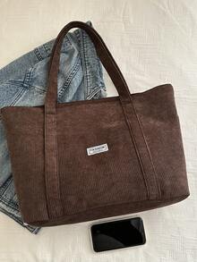 纯色大容量简约手提包，灯芯绒材质极简主义手提包，一体式休闲纯色灯芯绒简约轻便可折叠单肩手提包，适合购物、日常使用 - 咖啡棕 - 查看 7