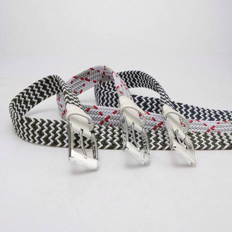 1入組男士卡其色每天明亮扣飾時尚紋理質感彈性編織皮帶 - 卡其色 - 查看 1