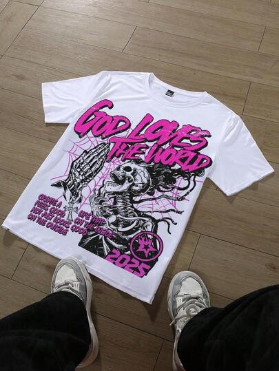 Camiseta de manga corta con estampado de esqueleto y eslogan casual para hombres Manfinity , camisetas gráficas streetwear2025
