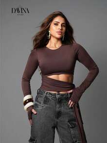 Women's Suplex Cropped Blouses Long Sleeve With Tie At The Waist Disguises Belly Comfortable Autumn Winter Fashion For Foreigners - 鏽棕色 - 查看 3