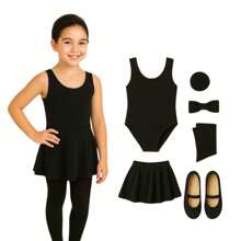 PREMIUM Children's Ballet Uniform Kit 6 Items Tank Top Leotard + Ballet Skirt With Elastic Waistband And Black Ballerina Shoes