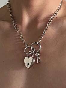 2 件钥匙锁项链嘻哈风格合金银情侣项链适合约会礼物 - 銀色 - 查看 4