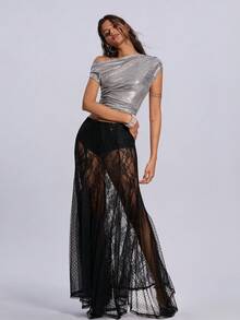 ROMWE Trang phục hòa nhạc đồng quê cho lễ hội âm nhạc đen dành cho phụ nữ, trang phục bãi biển, lễ hội âm nhạc đồng quê, váy maxi đen cạp thấp ren xuyên thấu dành cho phụ nữ - màu đen - Xem 1