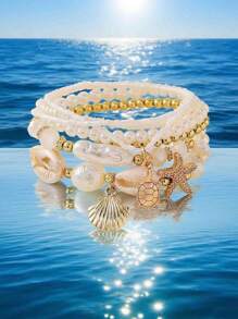 7 pièces/Set Bracelets multicouches avec coquillages, perles et perles, design empilable bohème pour femmes, pour le port décontracté pendant les vacances à la plage, avec motifs aléatoires de coquillages. Excellent cadeau, bracelet en cristal guérisseur pour la guérison de l'énergie spirituelle, convient pour un port quotidien, cadeau idéal pour la petite amie, la femme ou le partenaire