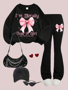 2 Stücke Teenager Mädchen Weich Süß Slogan Schleifen Muster Langarm Hoodie Set, Teenager Mode für Camping Ausflug, Sommer-Herbst