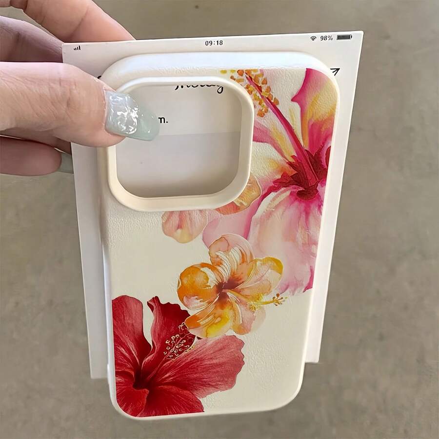 花 1 件荔枝纹理哑光简约镜头保护可爱红兰花花卉简约图案手机壳兼容 16 Pro Max、15、14 Plus、13、12、11 防水防震防摔防刮 - 彩色 - 查看 1