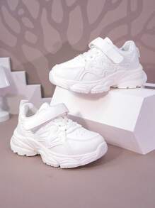 1 par de zapatillas deportivas casuales de suela gruesa con cierre de gancho y lazo, de unicolor, livianas y cómodas, adecuadas para uso diario escolar/de ocio, para niños