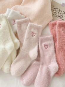 1/4/10 Pairs Women's Heart - Patterned Fluffy Socks, Soft & Warm, Cute Style, Crew Socks For Home/Lounge Days - Multicolor - View 5