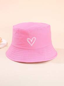 1pc Vintage Solid Color Heart Embroidery Kids Bucket Hat, Outdoor Sports Travel Sun Protection Sunscreen Bucket Hat For Boys And Girls