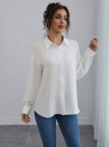 Damen einfarbige elegante Bluse mit Einzelknopfleiste und Langarm Kragen, modischer Lässig-Top für Frühling & Herbst