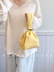 low tea 1 件女式纯色 PU 皮革迷你云褶手提包，金属配件装饰拉链开合，适合日常和户外使用 - 黃色 - 查看 6