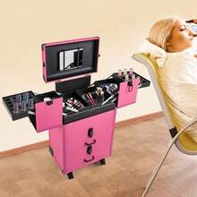 4 In 1 Rolling Makeup  Case, Lockable Portable Cosmetic Organizer Trolley, Large Make Up Cosmetic Orgainzer - Hot Pink - View 1