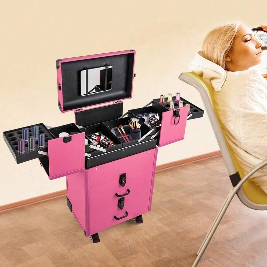 4 In 1 Rolling Makeup Case, Lockable Portable Cosmetic Organizer Trolley, Large Make Up Cosmetic Orgainzer - Hot Pink - View 1