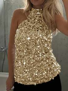 女士性感露肩亮片上衣，适合婚礼、晚宴、返校季、音乐节、母亲节派对、海滩度假等场合。 - 香檳色 - 查看 9