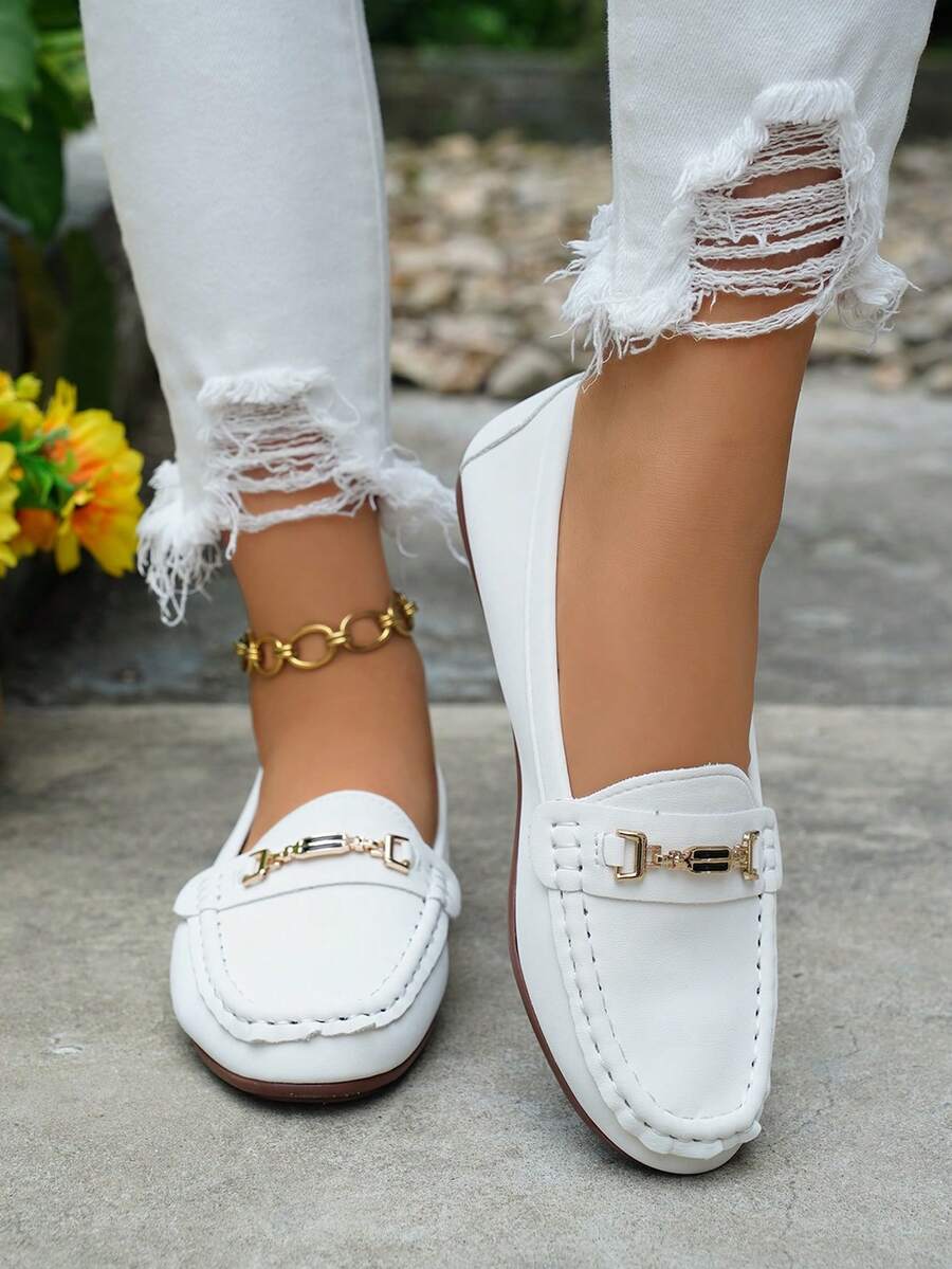 Mocasines de mujer para primavera/otoño, zapatos planos casuales de suela blanda y cómodos de corte bajo - Blanco - Ver 1