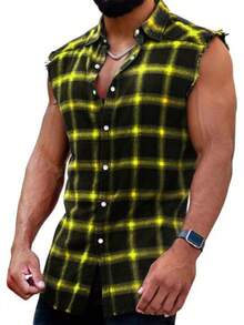 Mens Sleeveless Flannel Shirt Plaid Casual Button Down Shirts Vest-2025 - Yellow - View 2
