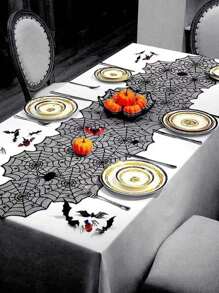 1 pezzo di Tappetino da tavola/Tovaglia nera a ragnatela per feste orrore di Ognissanti, tavolo da pranzo, decorazione del camino, Natale
