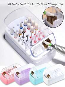 2 In 1 Nail Drill Bit Holder And Nail Drill Bits Cleaner Brush Case, 30 Holes Nail Drill Bits Organizer Display Stand Container Box, Manicure Drill Cleaning Brush, Professional Nail Tools
