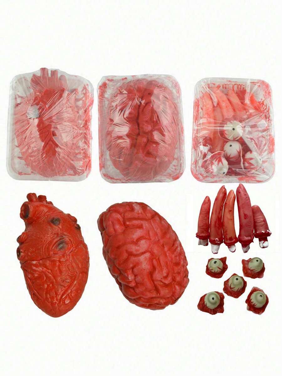 10 件/套万圣节模拟人体器官，万圣节场景装饰恐怖模拟心脏悬挂道具，恶作剧大脑断指眼球装饰，身体部位血腥模拟恐怖器官逼真真人大小，–血腥假人体器官乳胶恐怖配件：人造心脏/大脑/手指/眼球，万圣节鬼屋装饰派对道具