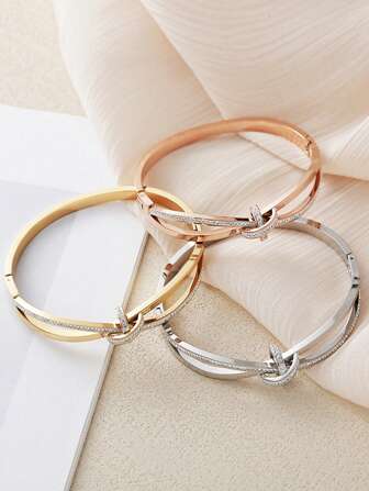 1pc Fashionable Delicate Crystal Stainless Steel Bowknot Open Bangle Bracelet, Suitable For Women's Daily Commute Wear
