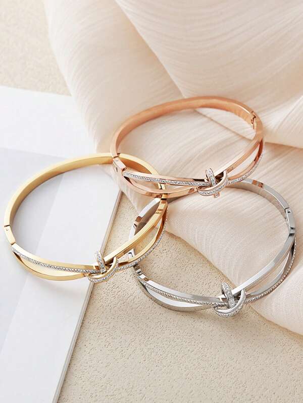 1pc Fashionable & Elegant Rhinestone Stainless Steel Criss-Cross Butterfly Bangle Bracelet, Suitable For Women's Daily Wear
