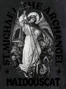 YUANXING Men's Gothic Heavy Metal Graphic T-Shirt - Archangel Michael And The Sword Of Michael Graphic - Retro Dark Gothic Streetwear - 100% Heavyweight Cotton - Machine Washable - Vintage Distressed Wash Finish - Relaxed Fit, Ideal For Concerts And Everyday Wear - Original Design