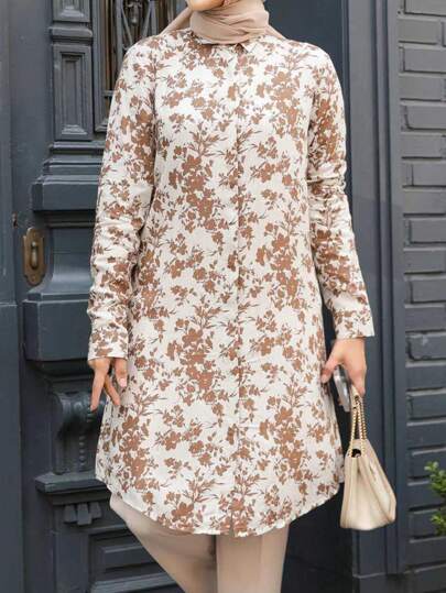 Plus Size Printed Button-Down Shirt, Women Long Sleeve Blouse