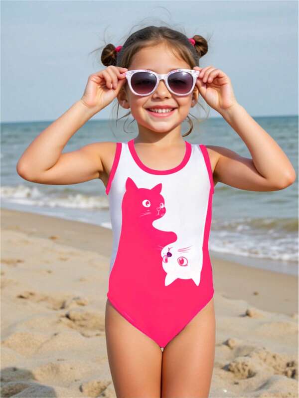 Young Girl Summer Beach Vacation Casual Cute Cartoon Cat Print One-Piece Swimsuit